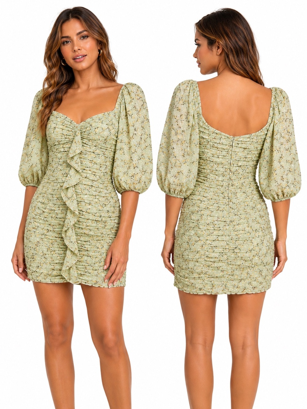 MINKPINK Olla Mini Dress Sage Floral Ruched Revolve Puff Sleeve Bodycon